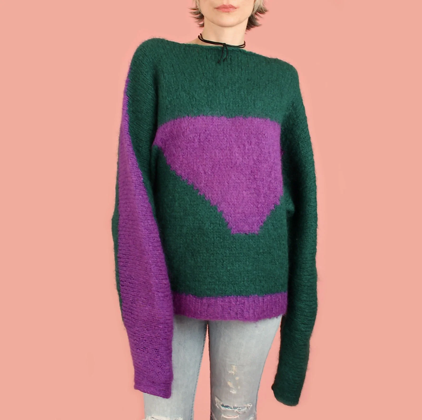 1960's Vintage Fuzzy Green Mohair Sweater // Extra Long Sleeves